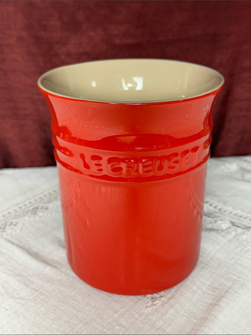 ❤️ Le Creuset Cerise Red Stoneware Utensil Crock Holder 16-24 EUC